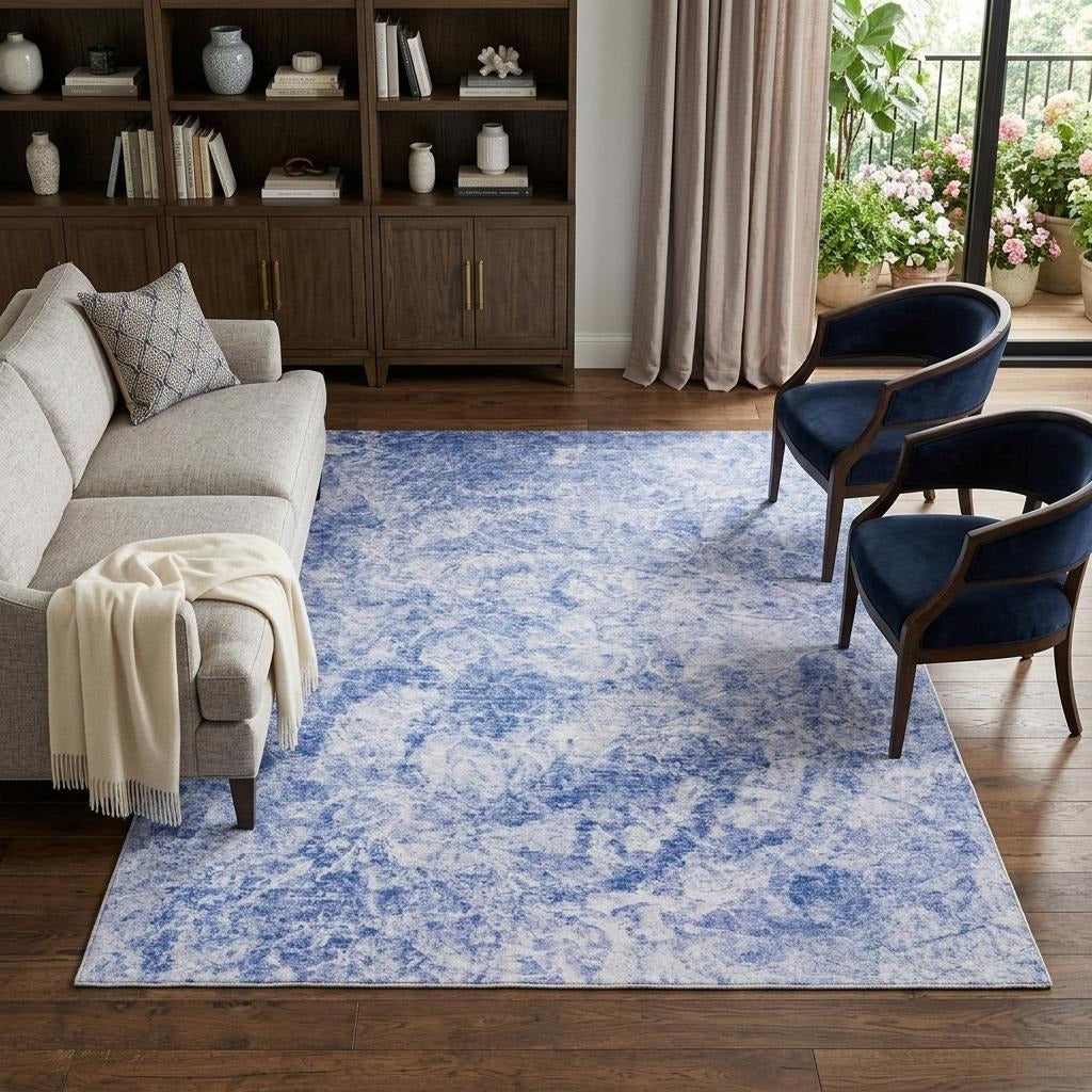 10' X 14' Blue And Ivory Abstract Shag Washable Area Rug With UV Protection - Home & Garden