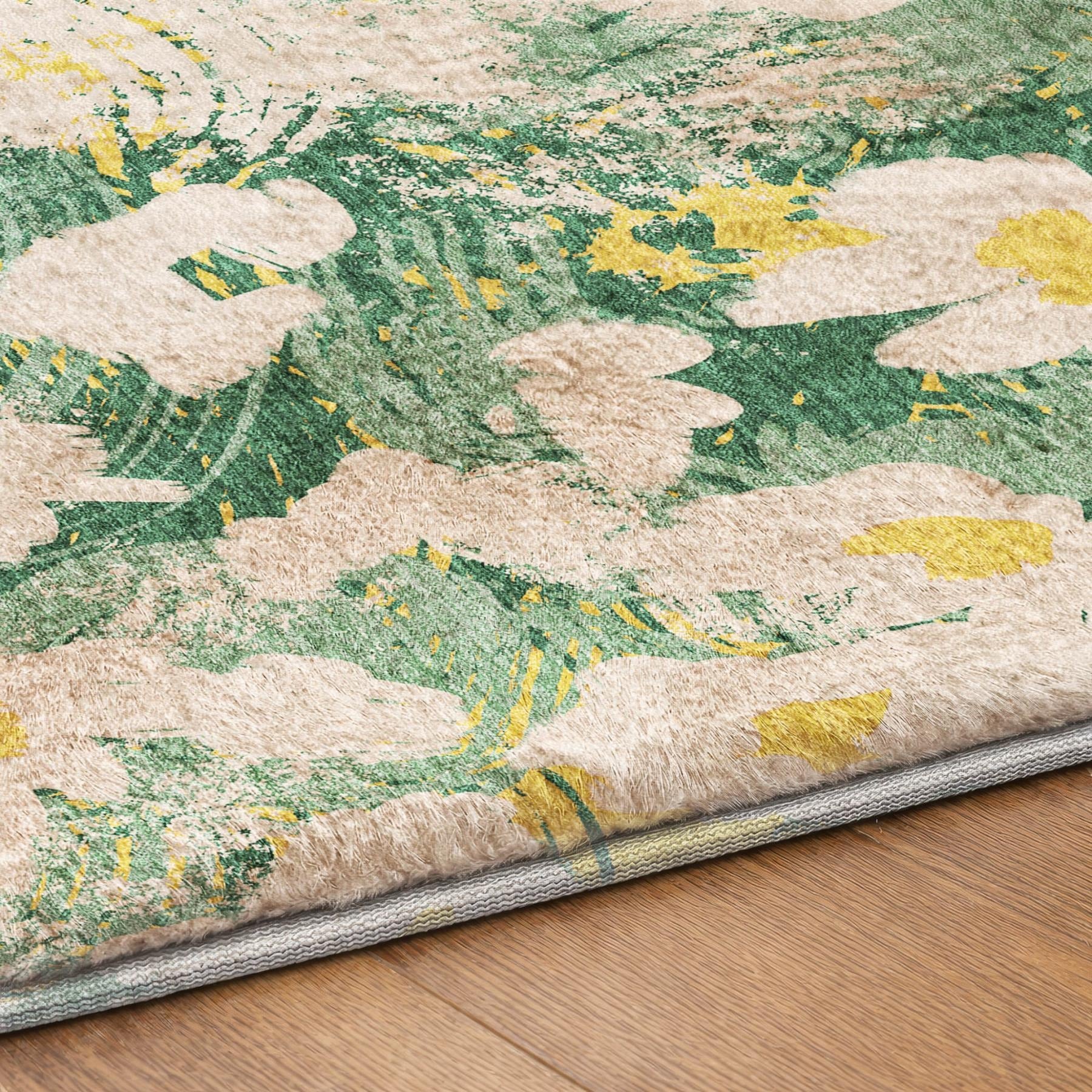 8' Green And Gold Floral Shag Washable Round Rug With UV Protection - Home & Garden