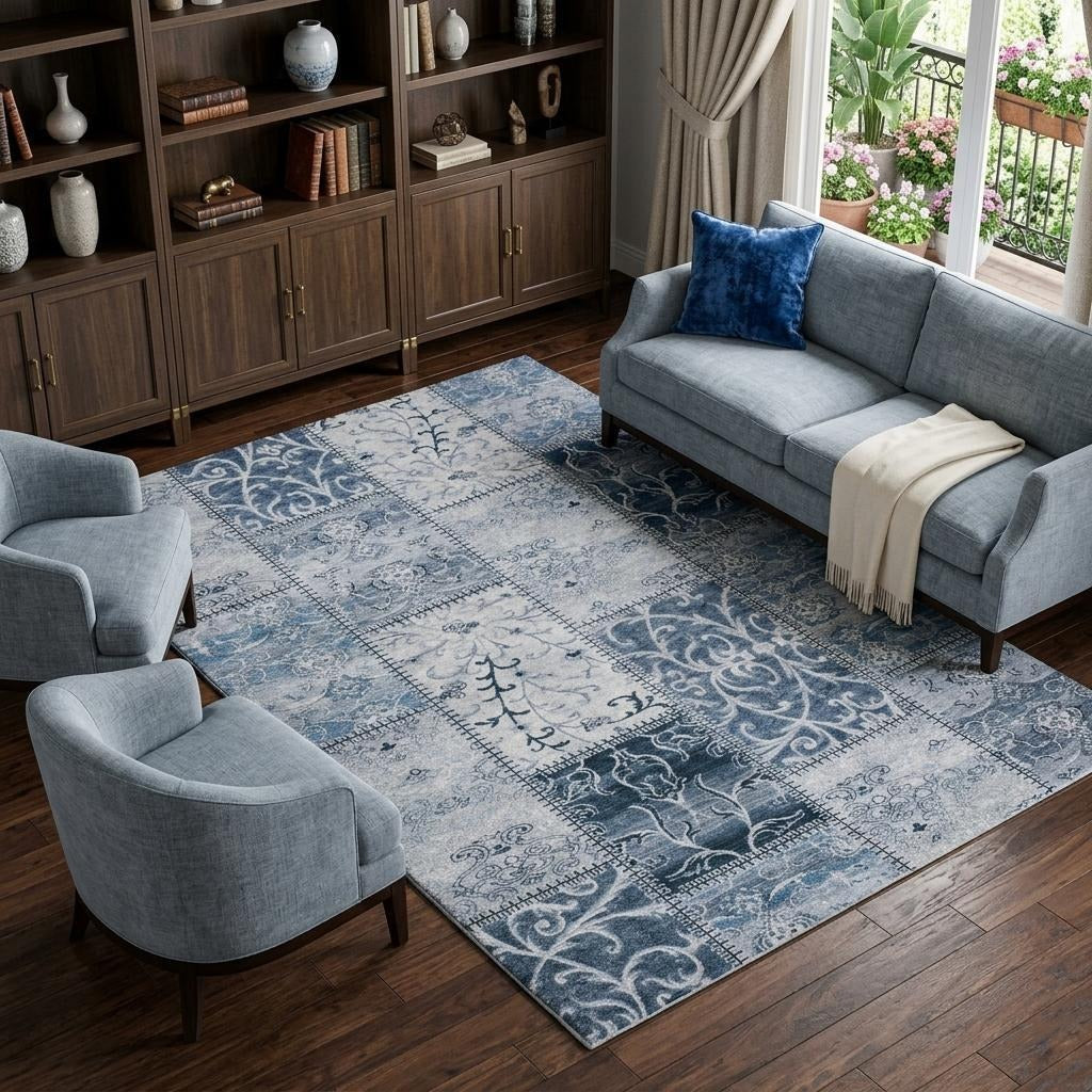 10' X 14' Denim Blue And Blue Floral Shag Washable Area Rug With UV Protection - Home & Garden