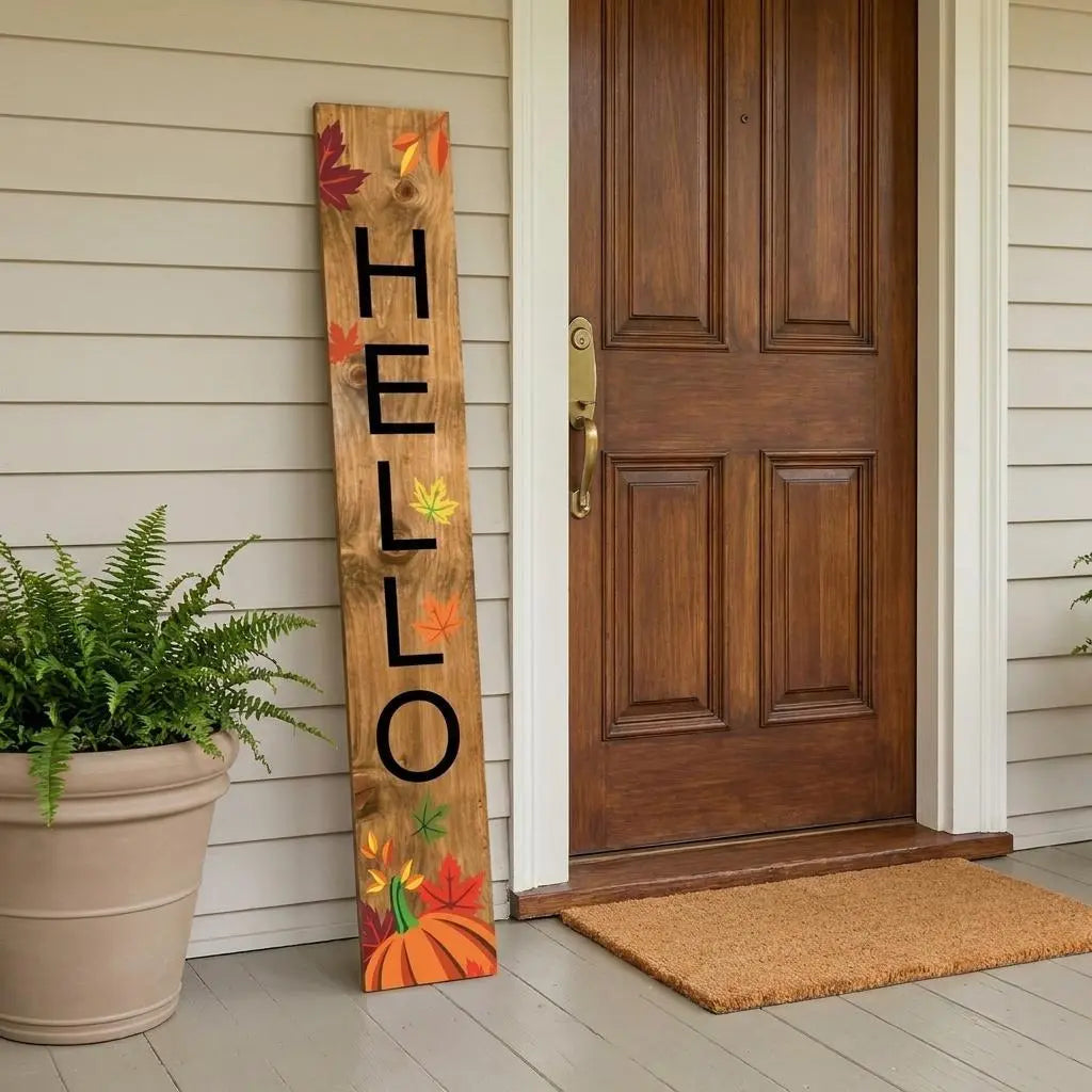 59" Black Natural And Orange Solid Wood Hello Porch Sign Homeroots Outdoor