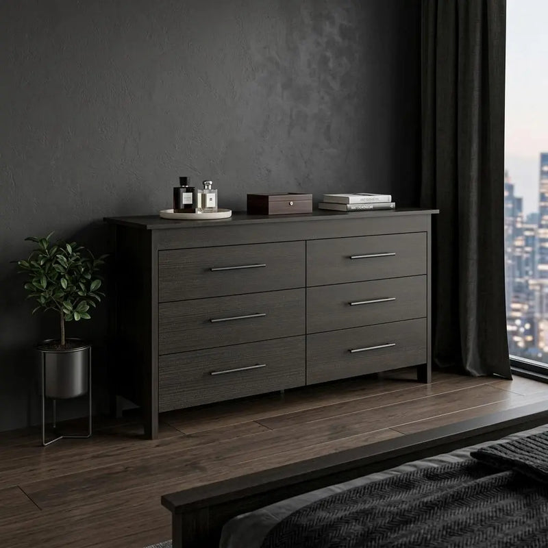 59" Black Wood Six Drawer Double Dresser Homeroots Bed & Bath