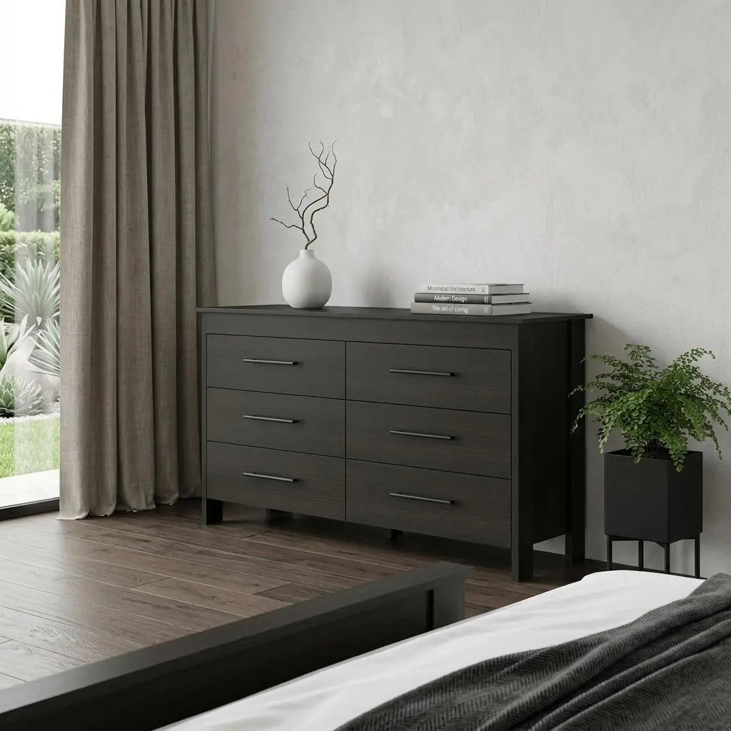 59" Black Wood Six Drawer Double Dresser Homeroots Bed & Bath
