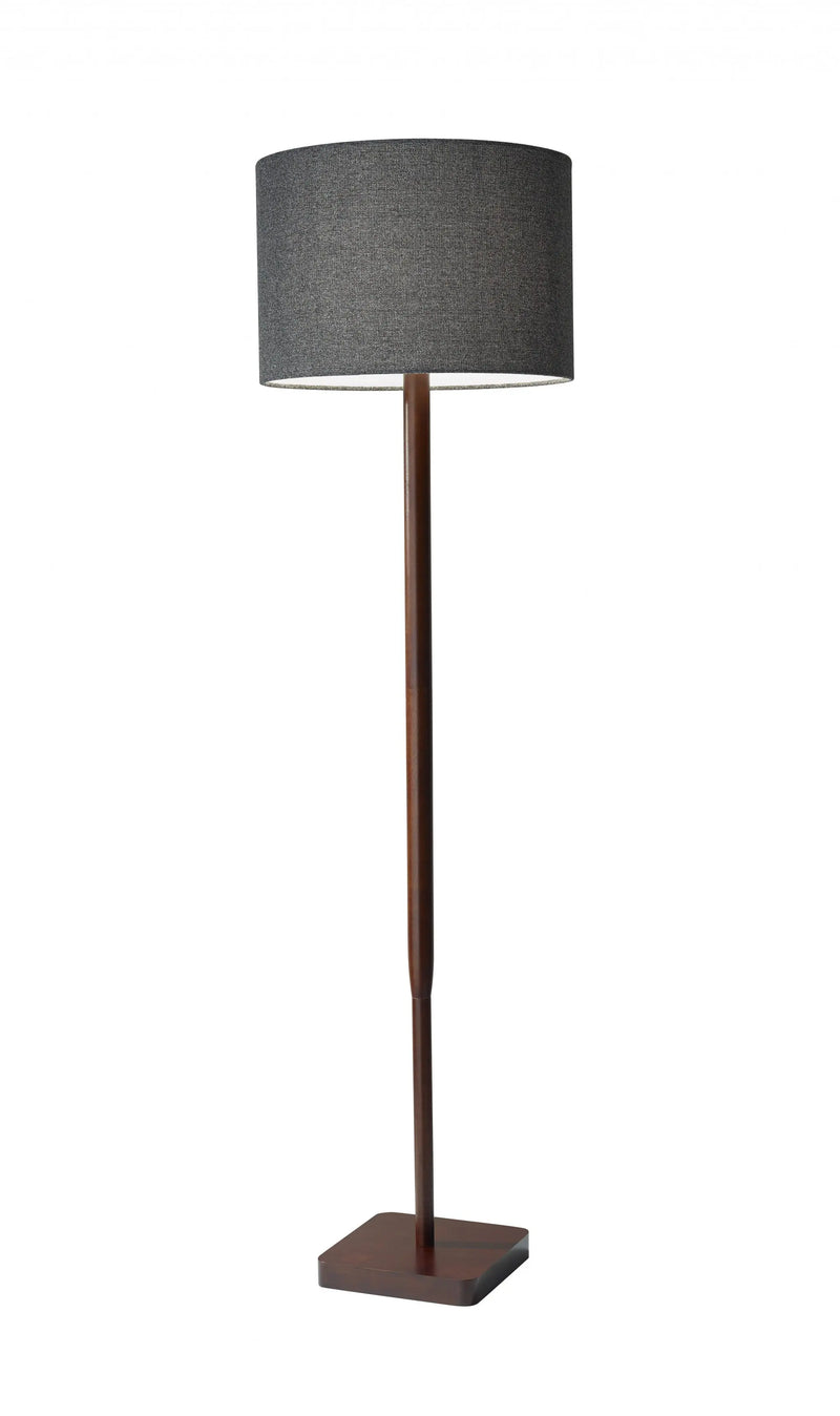 59" Brown And Black Solid Wood Floor Lamp With Dark Gray Fabric Drum Shade - GreatEagleInc