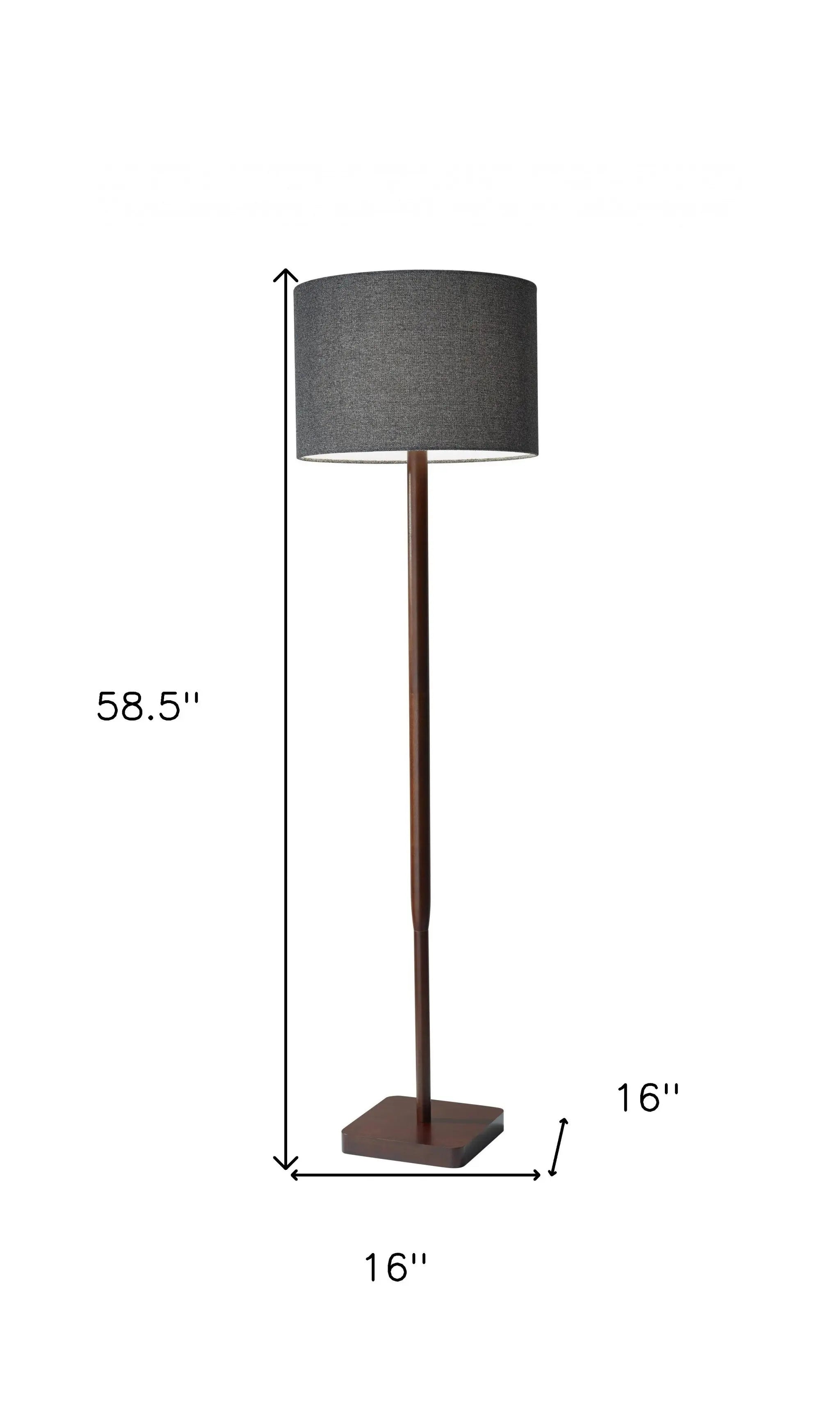 59" Brown And Black Solid Wood Floor Lamp With Dark Gray Fabric Drum Shade - GreatEagleInc