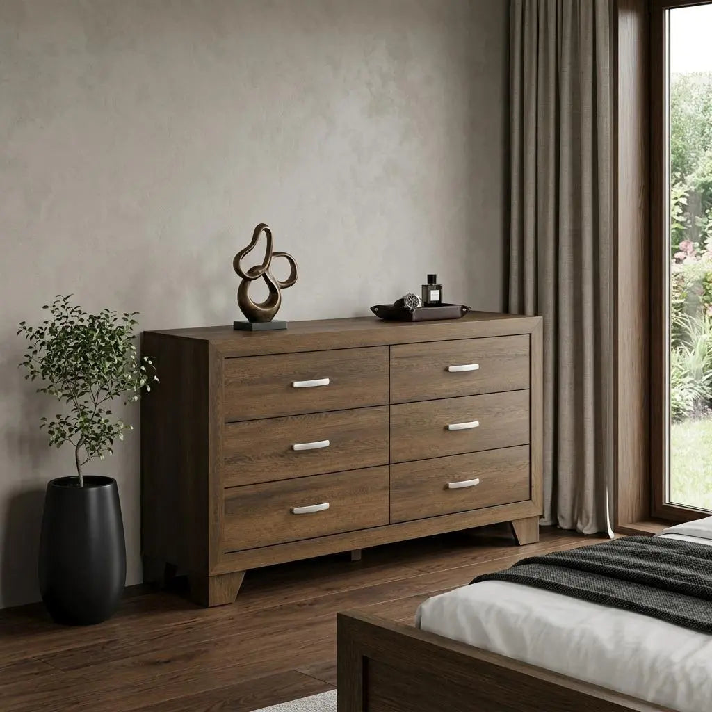 59" Brown Solid and Manufactured Wood Six Drawer Double Dresser Homeroots Bed & Bath