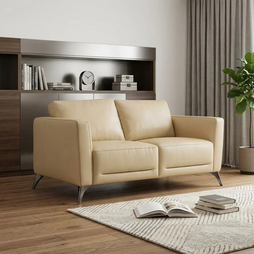 59" Cream And Silver Leather Loveseat Homeroots Living Room