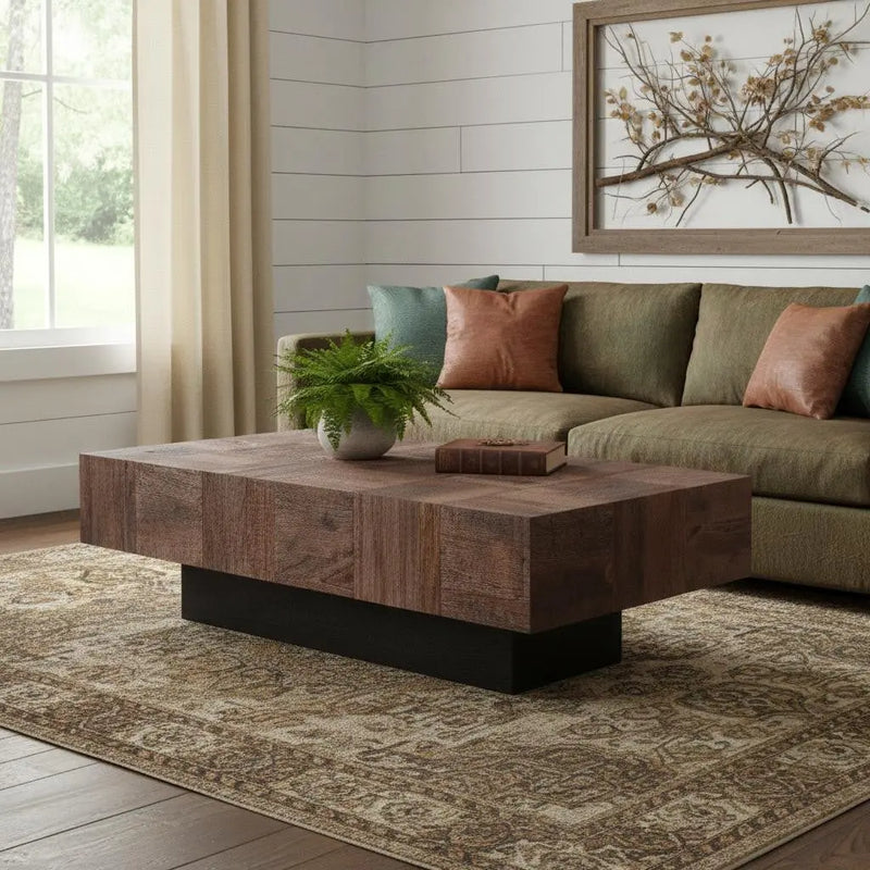 59" Dark Brown and Black Solid Wood Block Coffee Table Homeroots Living Room