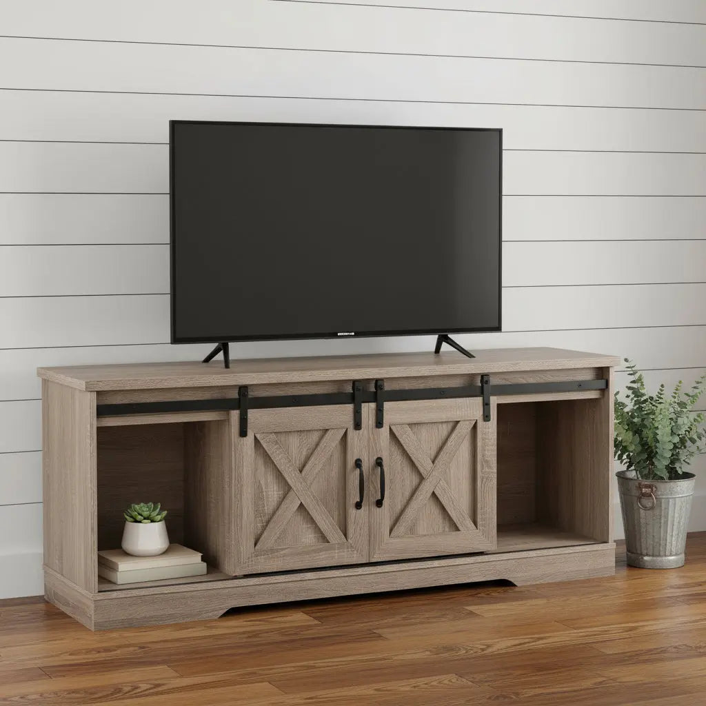59" Deep Taupe Cabinet Enclosed Storage TV Stand Homeroots Living Room