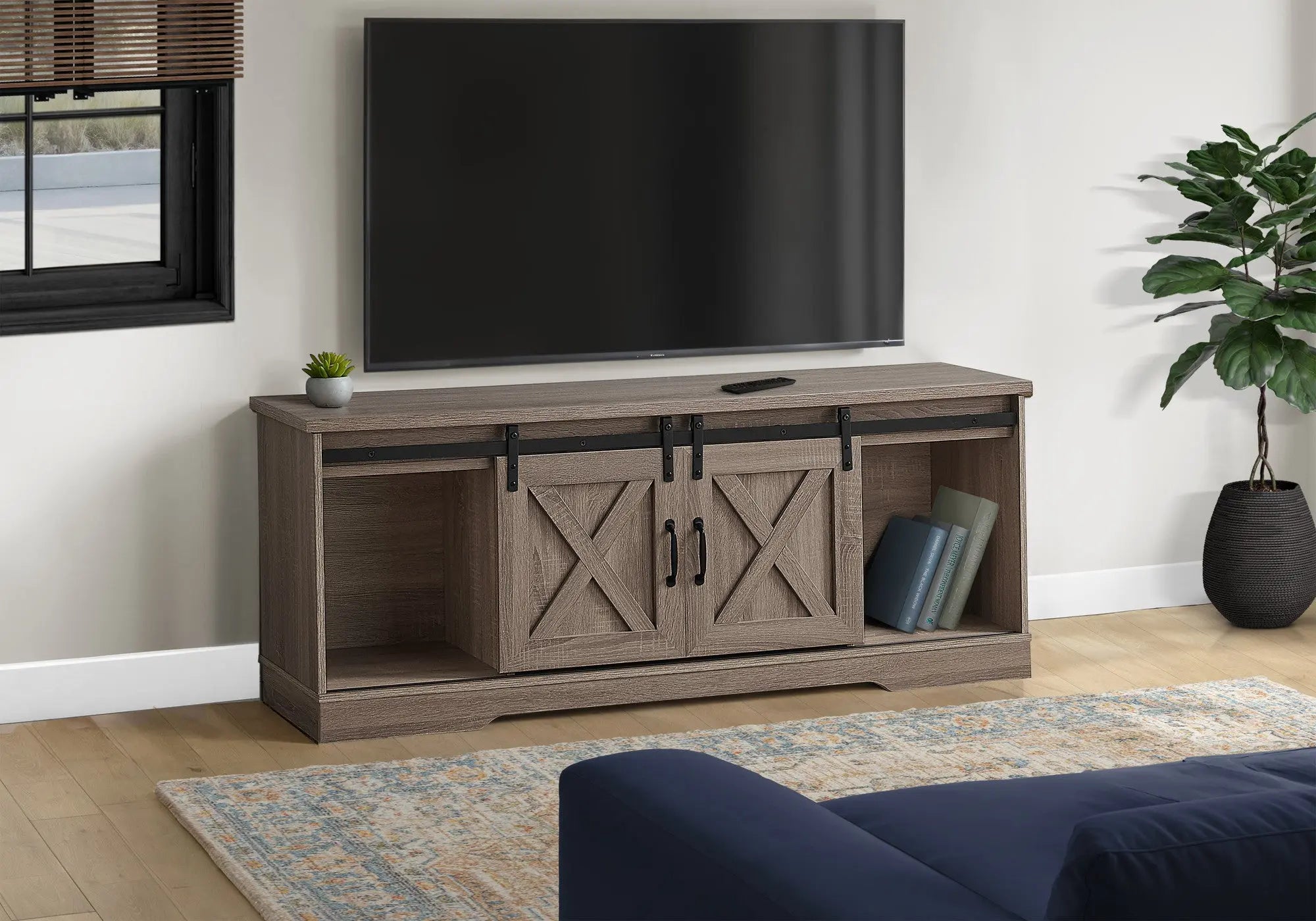 59" Deep Taupe Cabinet Enclosed Storage TV Stand Homeroots Living Room