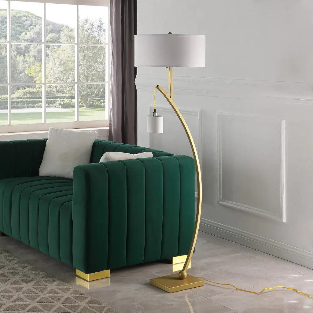 59" Gold And White Arc Floor Lamp With White Fabric Drum Shade Homeroots Lighting