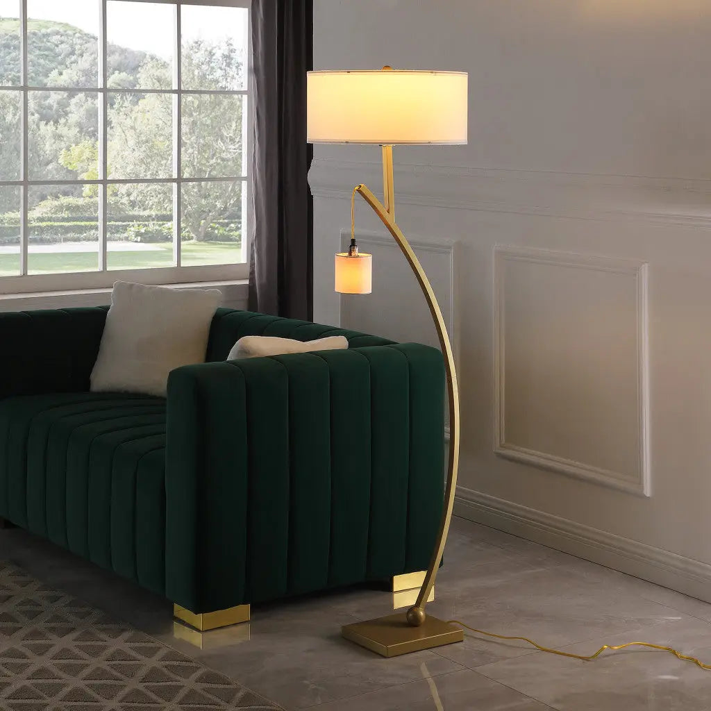 59" Gold And White Arc Floor Lamp With White Fabric Drum Shade Homeroots Lighting