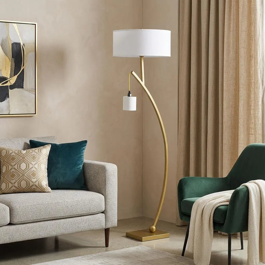 59" Gold And White Arc Floor Lamp With White Fabric Drum Shade Homeroots Lighting