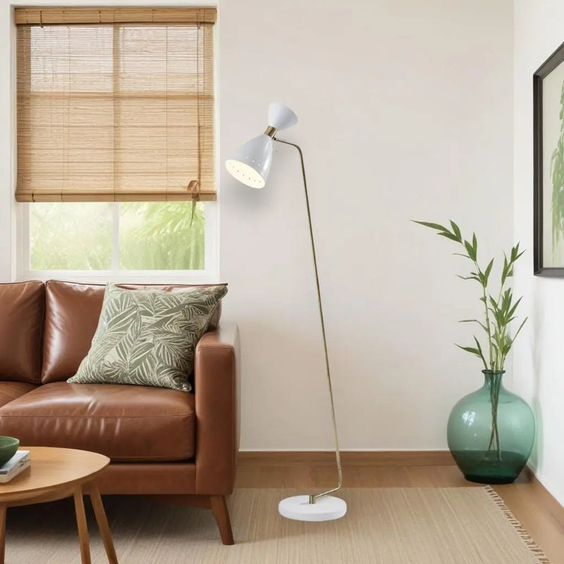 59" Gold And White Task Floor Lamp With White Metal Cone Shade - GreatEagleInc