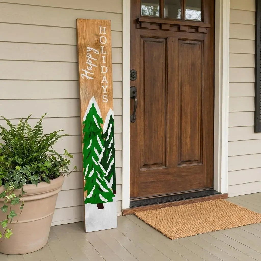 59" Green Natural And White Solid Wood Happy Holidays Christmas Christmas Trees Porch Sign Homeroots Outdoor
