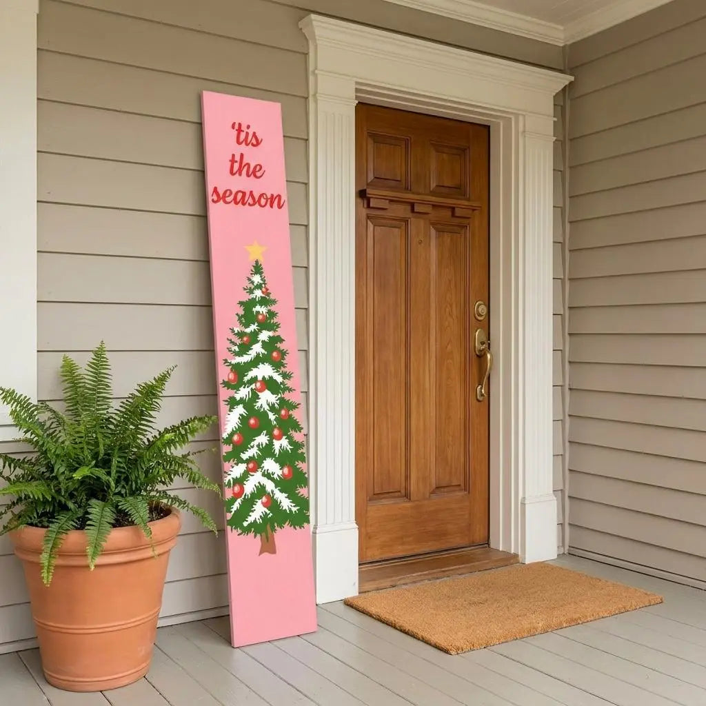 59" Green Pink And White Solid Wood Christmas Christmas Tree Porch Sign Homeroots Outdoor