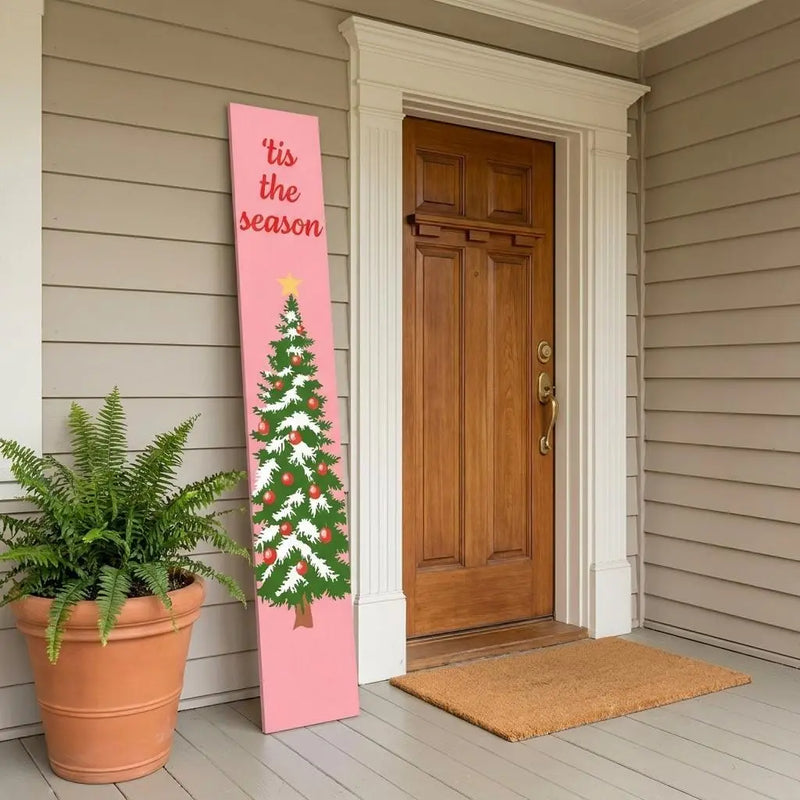 59" Green Pink And White Solid Wood Christmas Christmas Tree Porch Sign Homeroots Outdoor