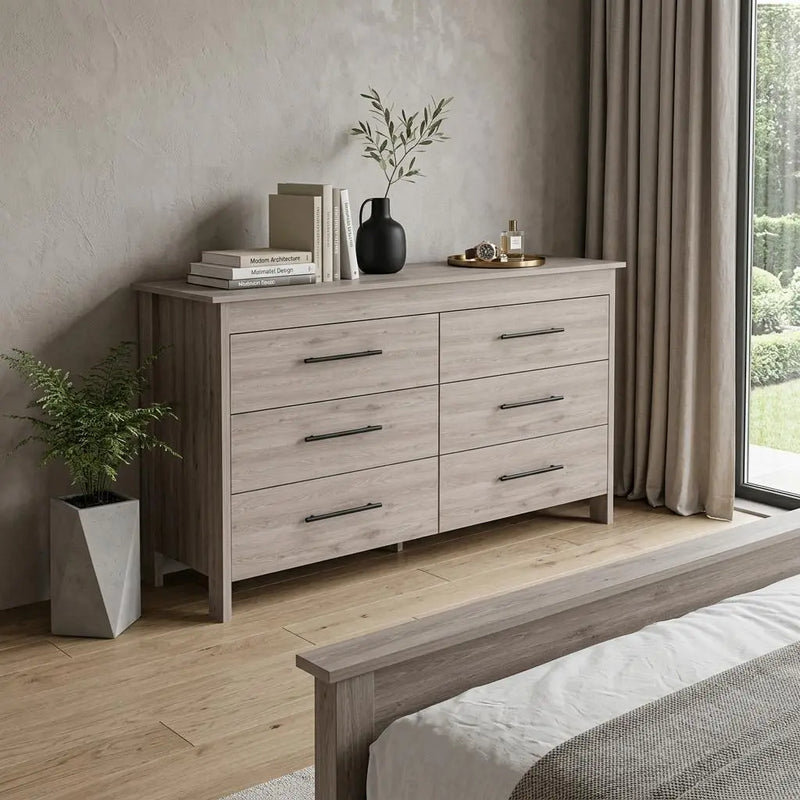 59" Light Gray Wood Six Drawer Double Dresser Homeroots Bed & Bath