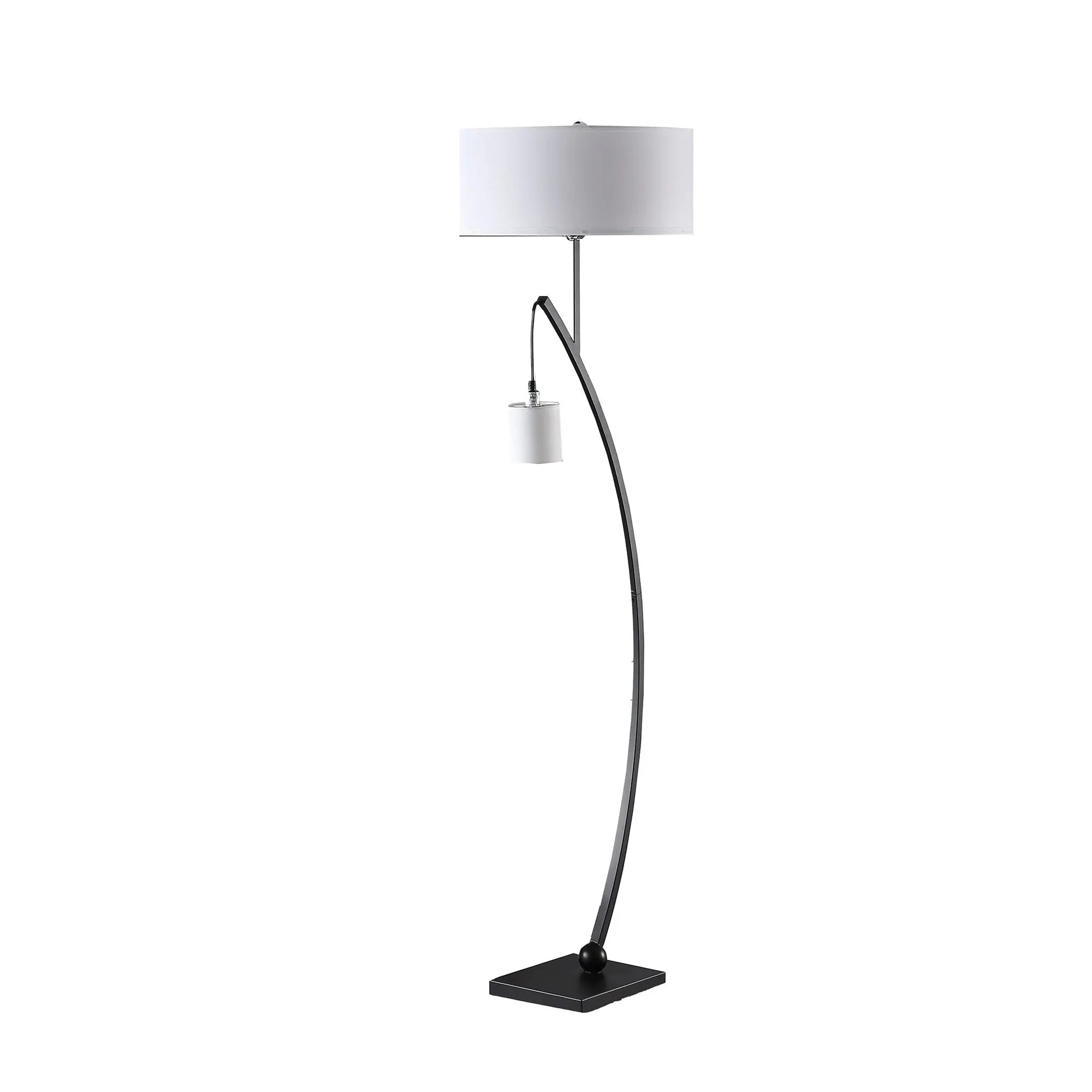 59" Matte Black Dual Arc Floor Lamp With White Drum Shade Homeroots Lighting