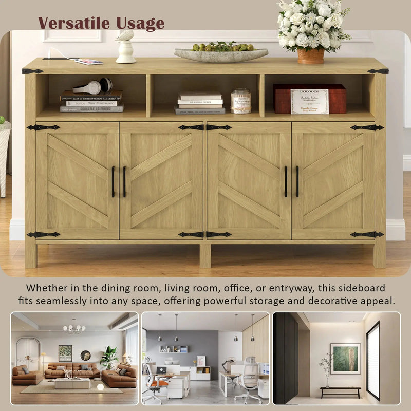 59'' Modern 4-Door Sideboard Buffet Power Outlets USB Ports Adjustable Shelves Half-Open Storage Cabinet Durable Home Furniture GreatEagleInc