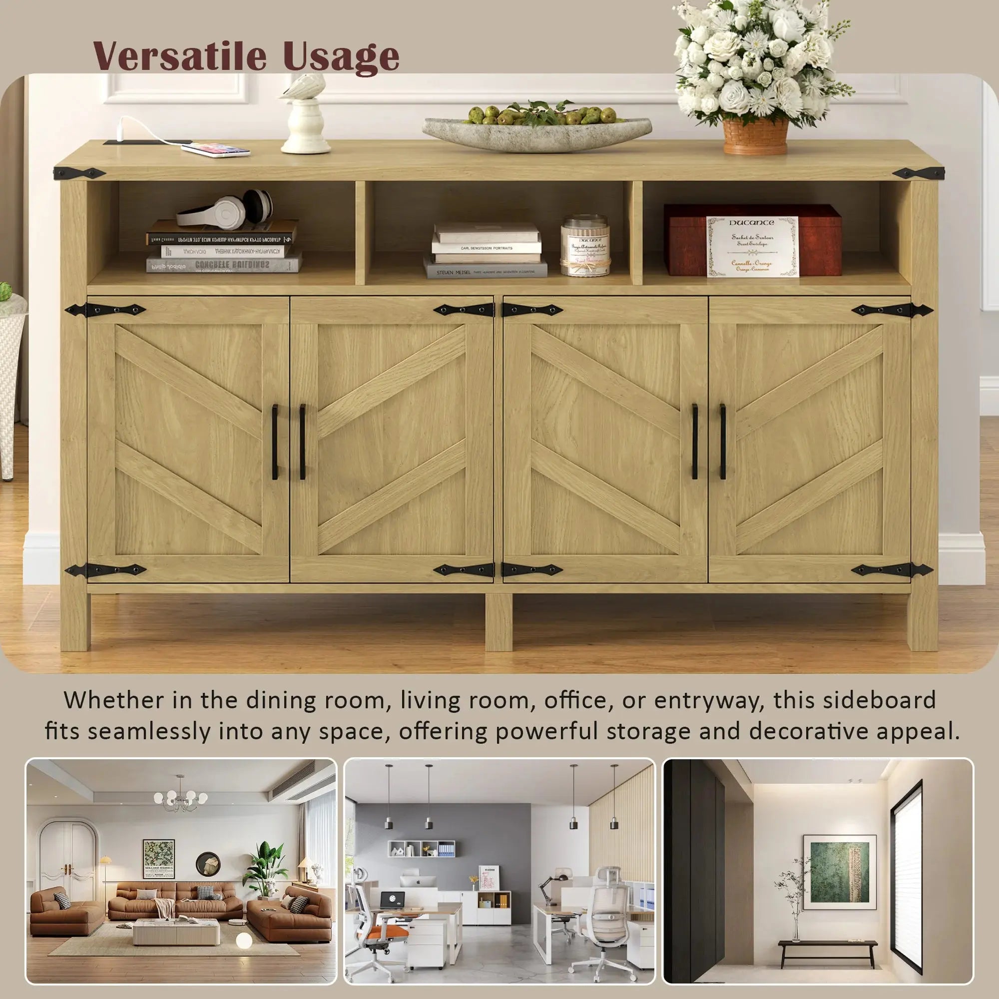 59'' Modern 4-Door Sideboard Buffet Power Outlets USB Ports Adjustable Shelves Half-Open Storage Cabinet Durable Home Furniture GreatEagleInc