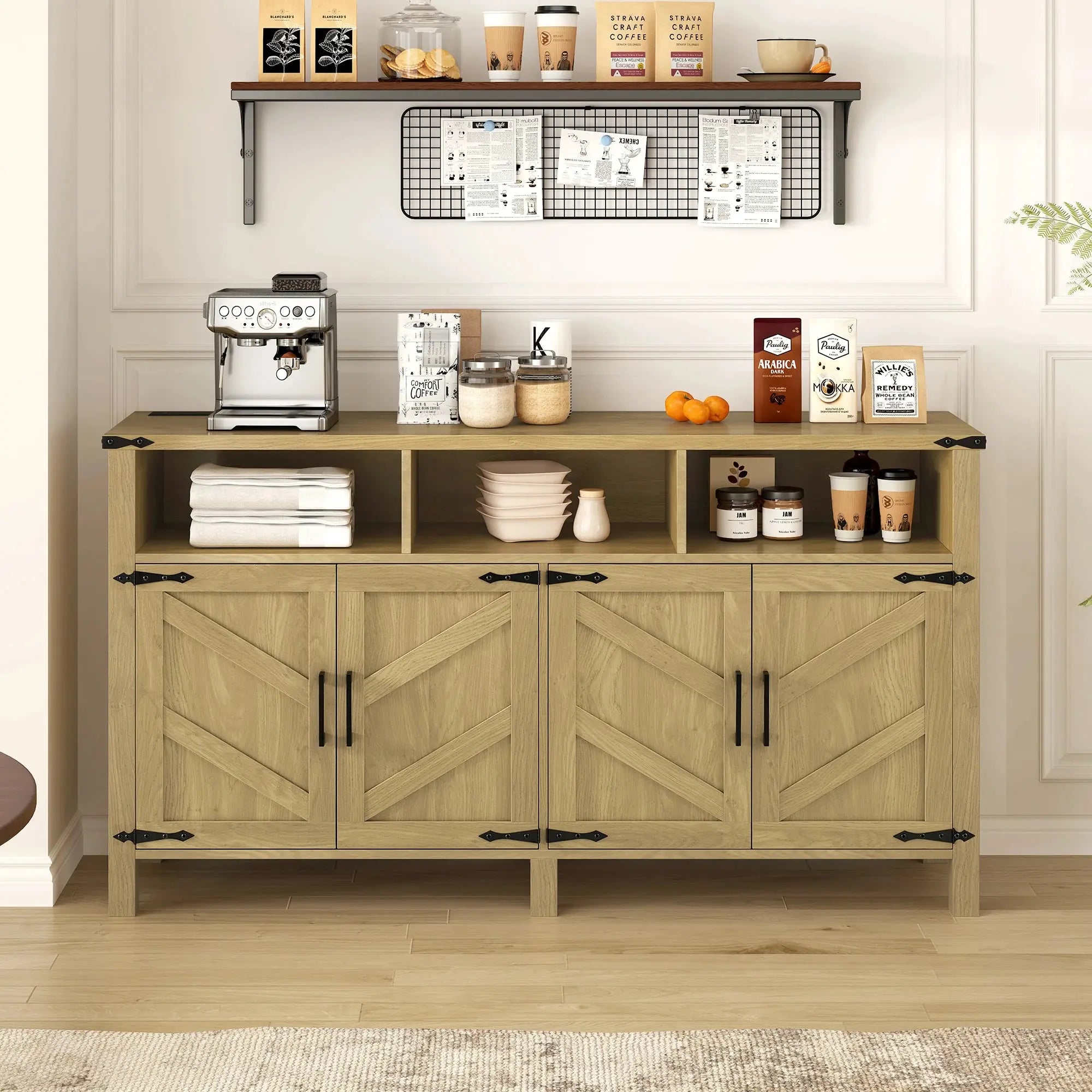 59'' Modern 4-Door Sideboard Buffet Power Outlets USB Ports Adjustable Shelves Half-Open Storage Cabinet Durable Home Furniture GreatEagleInc