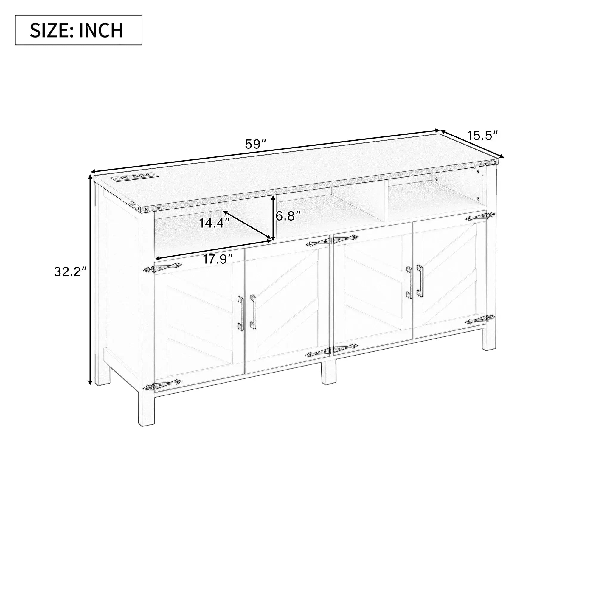 59'' Modern 4-Door Sideboard Buffet Power Outlets USB Ports Adjustable Shelves Half-Open Storage Cabinet Durable Home Furniture GreatEagleInc