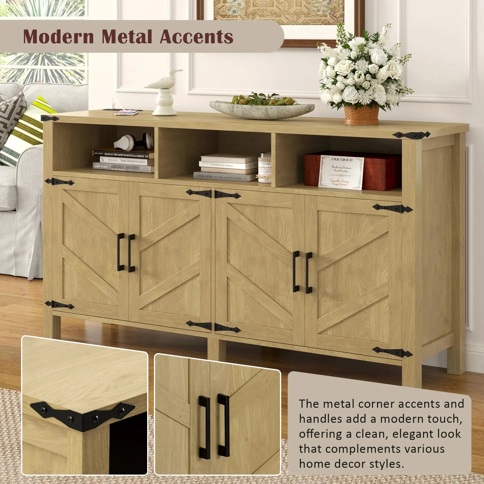 59'' Modern 4-Door Sideboard Buffet Power Outlets USB Ports Adjustable Shelves Half-Open Storage Cabinet Durable Home Furniture GreatEagleInc