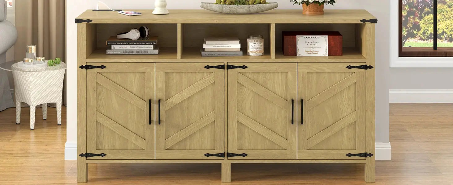 59'' Modern 4-Door Sideboard Buffet Power Outlets USB Ports Adjustable Shelves Half-Open Storage Cabinet Durable Home Furniture GreatEagleInc