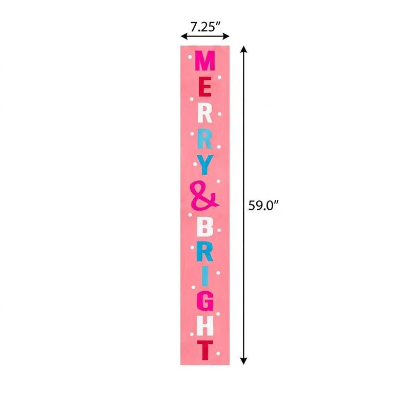 59" Pink And White Solid Wood Merry & Bright Christmas Snow Scene Porch Sign Homeroots Outdoor