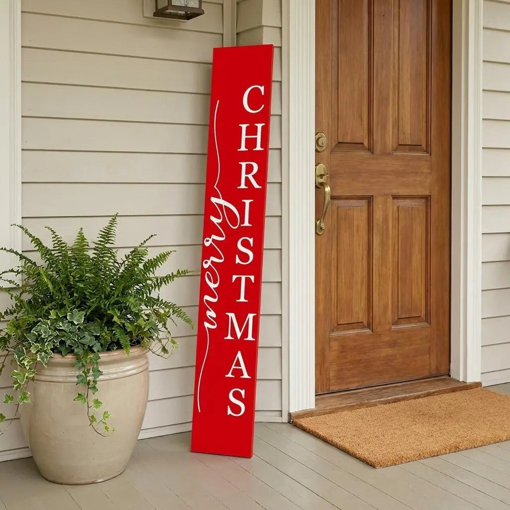 59" Red And White Solid Wood Merry Christmas Christmas Snow Scene Porch Sign Homeroots Outdoor