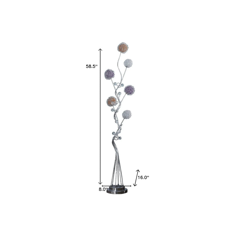 59" Silver Six Light LED Novelty Floor Lamp With Purple And White Metal Novelty Shade Homeroots Lighting