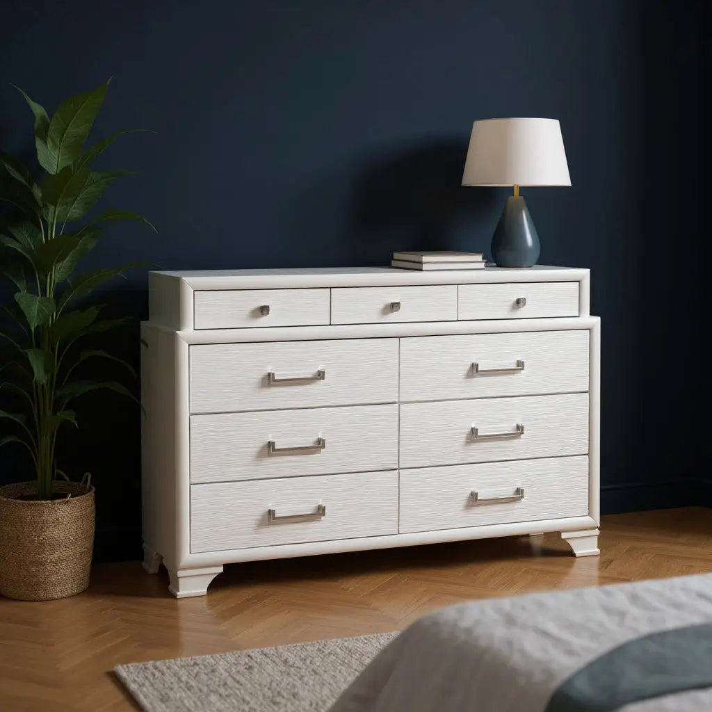 59" White Solid Wood Mirrored Nine Drawer Homeroots Bed & Bath