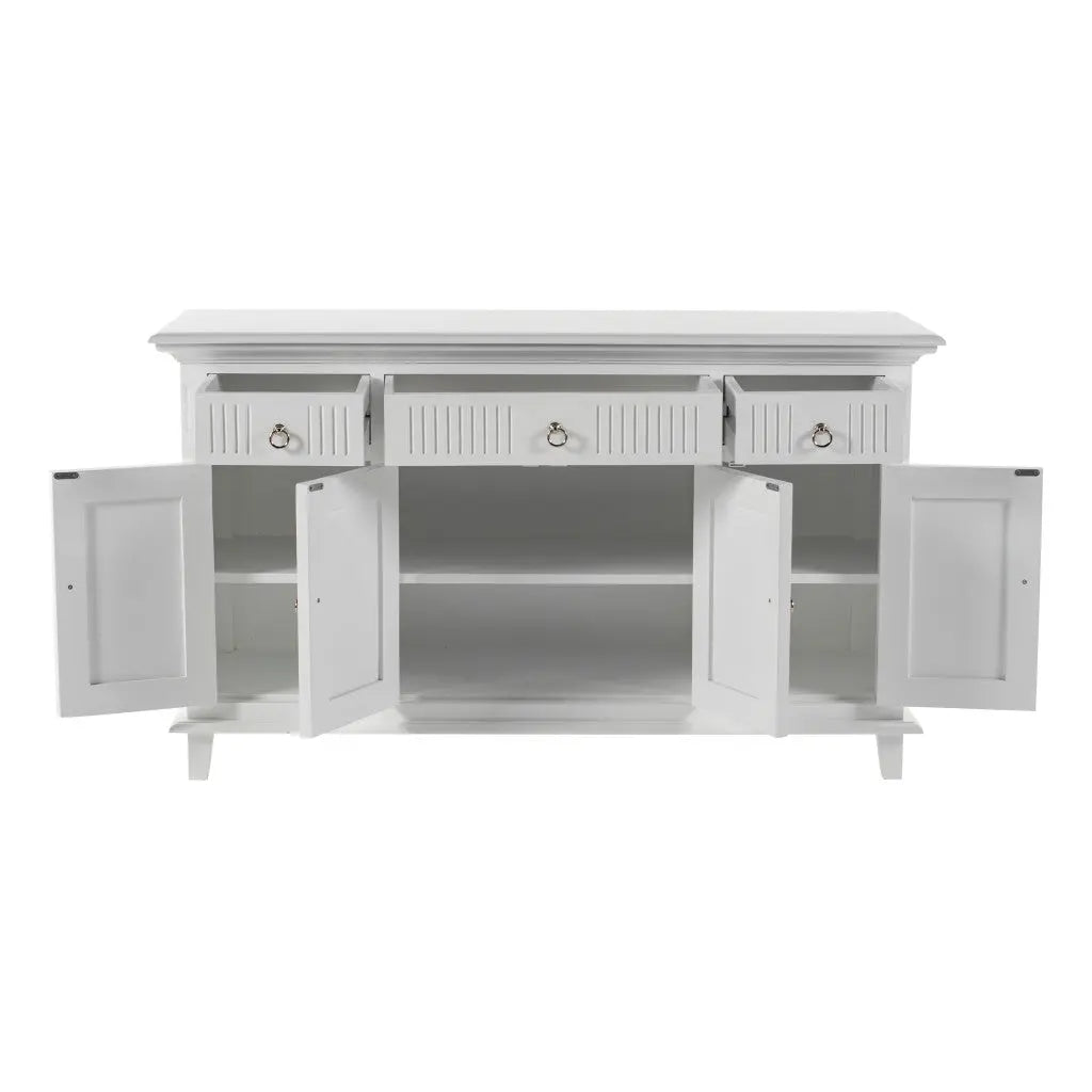59" White Solid Wood Paneled Three Drawer Buffet Table with Four Doors Homeroots Kitchen & Dining