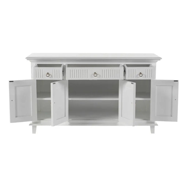 59" White Solid Wood Paneled Three Drawer Buffet Table with Four Doors Homeroots Kitchen & Dining