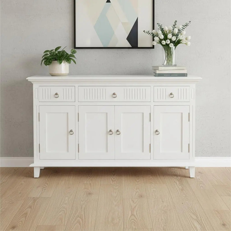 59" White Solid Wood Paneled Three Drawer Buffet Table with Four Doors Homeroots Kitchen & Dining