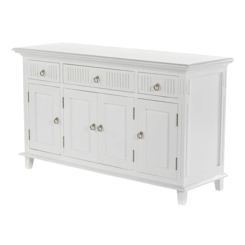 59" White Solid Wood Paneled Three Drawer Buffet Table with Four Doors Homeroots Kitchen & Dining