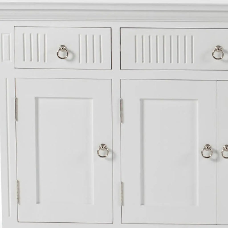 59" White Solid Wood Paneled Three Drawer Buffet Table with Four Doors Homeroots Kitchen & Dining