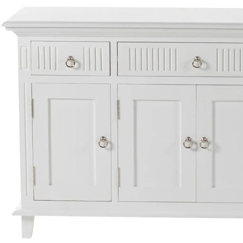 59" White Solid Wood Paneled Three Drawer Buffet Table with Four Doors Homeroots Kitchen & Dining