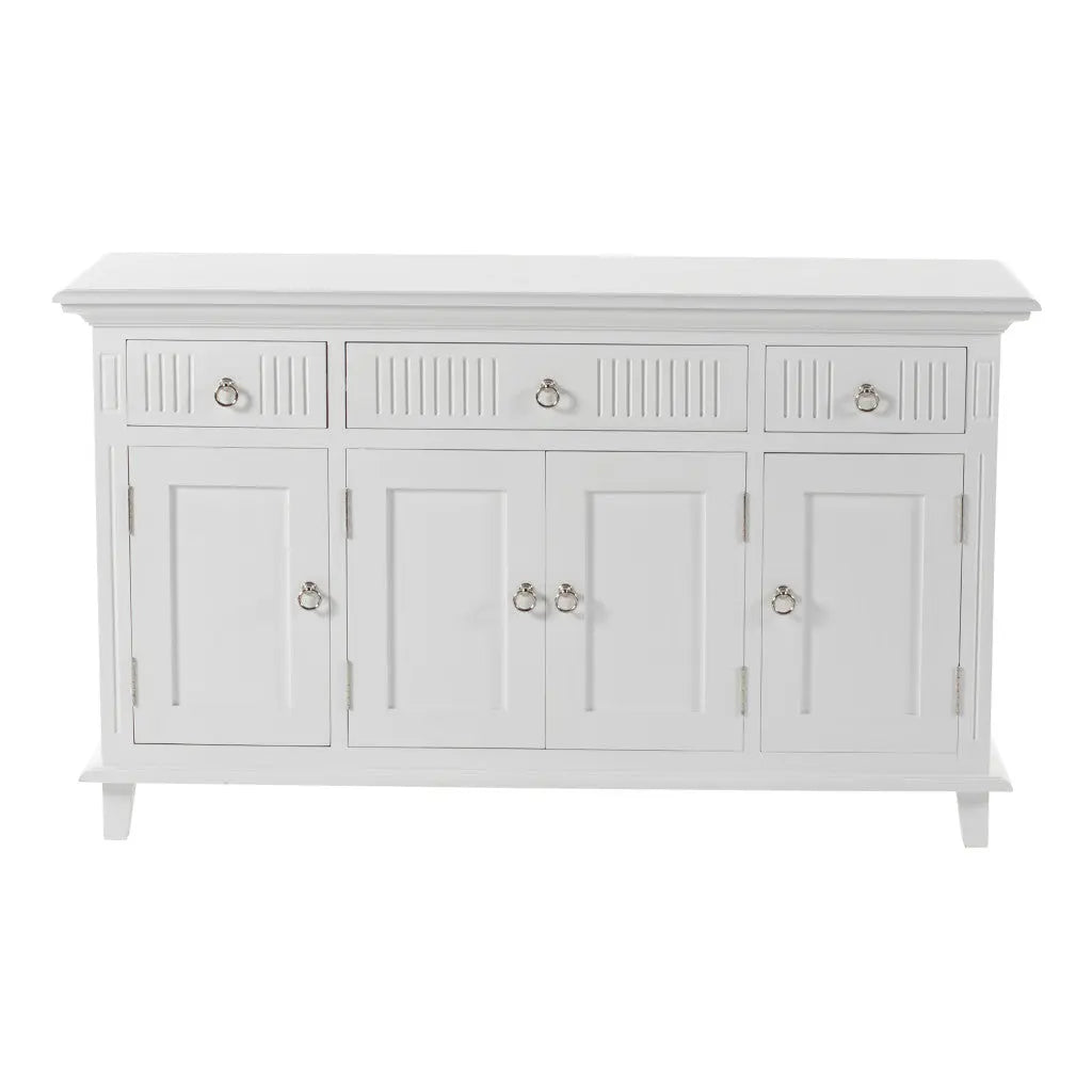 59" White Solid Wood Paneled Three Drawer Buffet Table with Four Doors Homeroots Kitchen & Dining