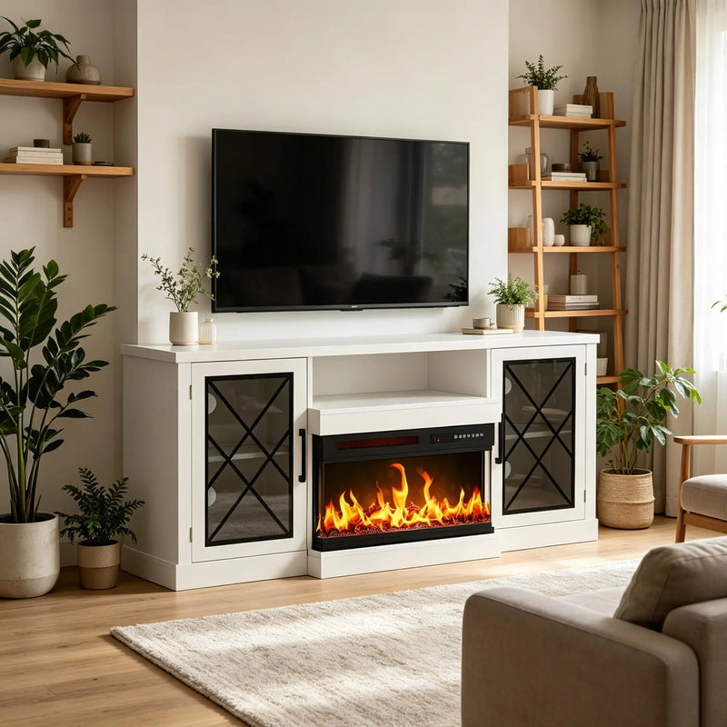 59" White Wood Fireplace TV Stand With Fireplace Homeroots Living Room