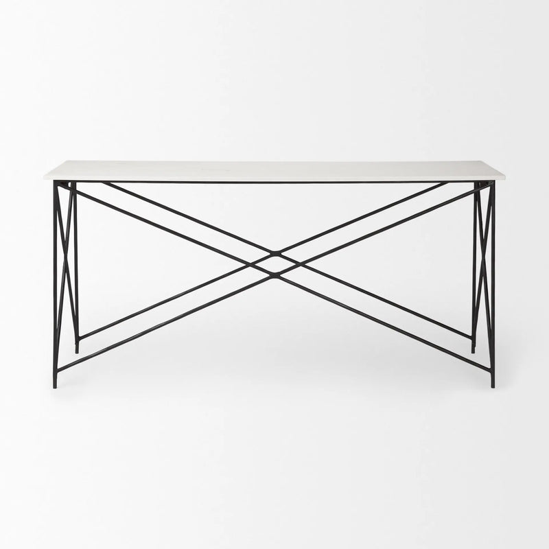 59" White and Black Genuine Marble and Metal Console Table Homeroots Living Room