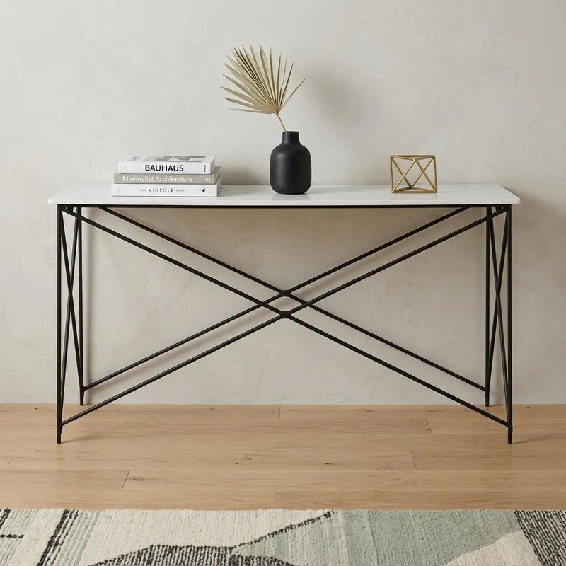 59" White and Black Genuine Marble and Metal Console Table Homeroots Living Room