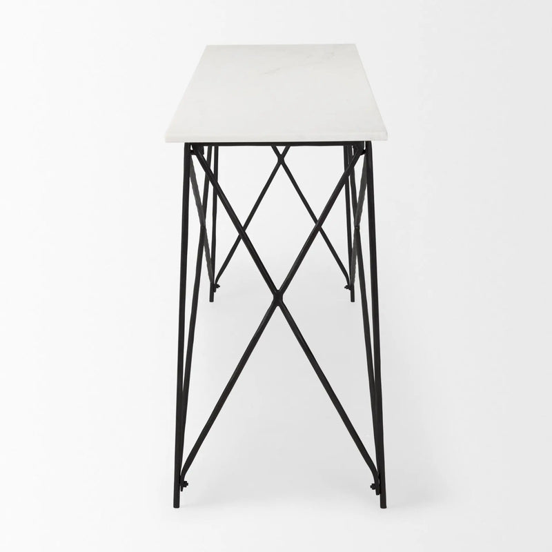 59" White and Black Genuine Marble and Metal Console Table Homeroots Living Room