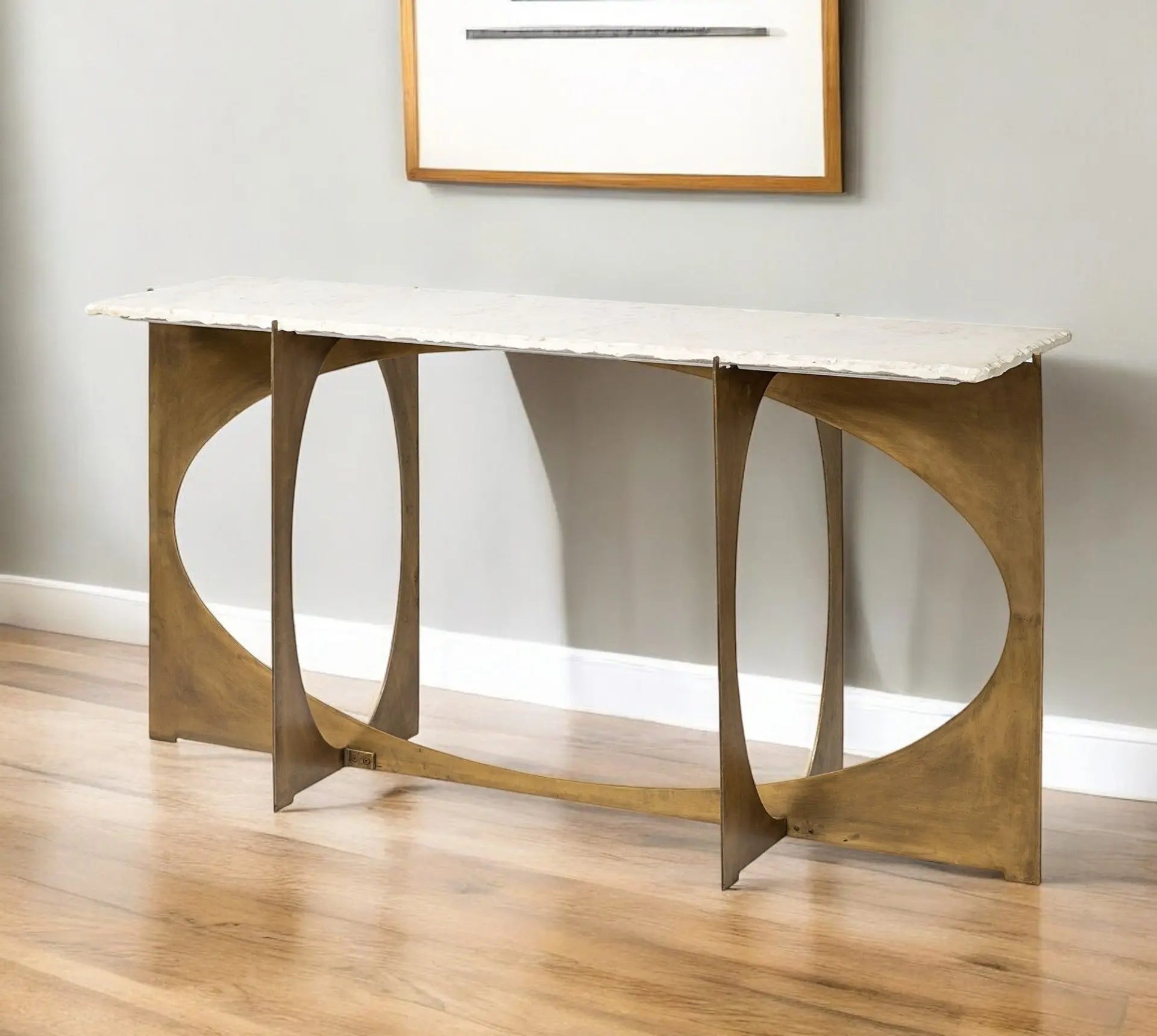 59" White and Gold Genuine Marble and Metal Geo Base Console Table Homeroots Living Room