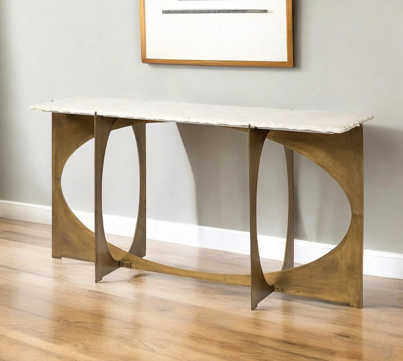 59" White and Gold Genuine Marble and Metal Geo Base Console Table Homeroots Living Room