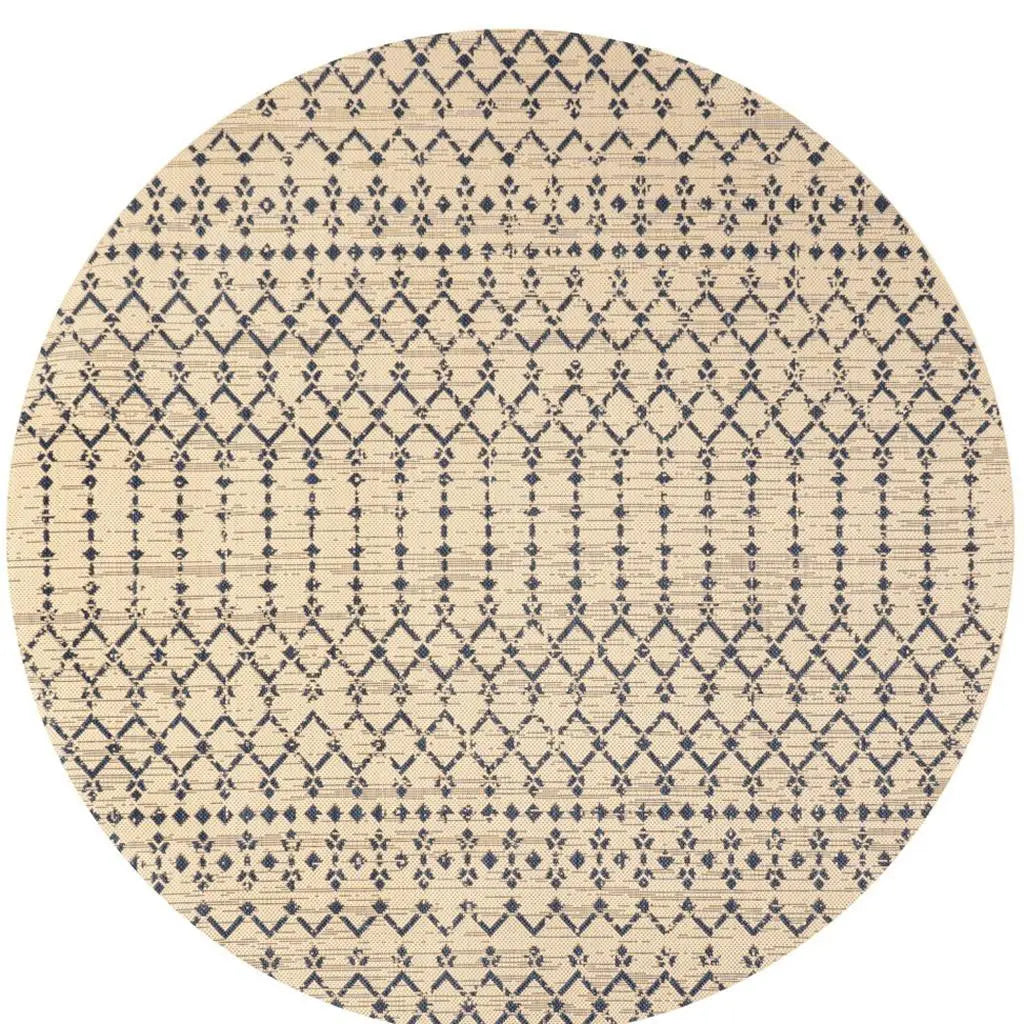 5' Beige And Navy Blue Round Trellis Indoor Outdoor Area Rug Homeroots Outdoor