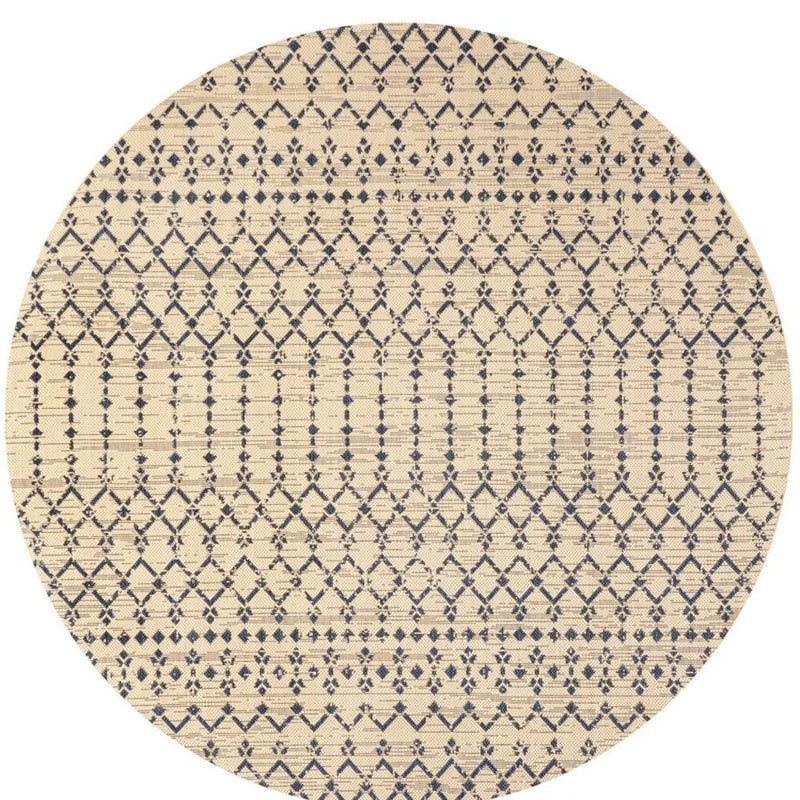 5' Beige And Navy Blue Round Trellis Indoor Outdoor Area Rug Homeroots Outdoor