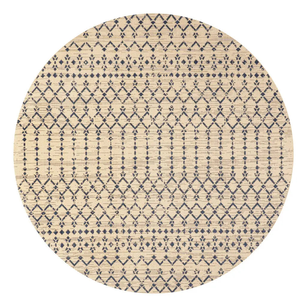 5' Beige And Navy Blue Round Trellis Indoor Outdoor Area Rug Homeroots Outdoor