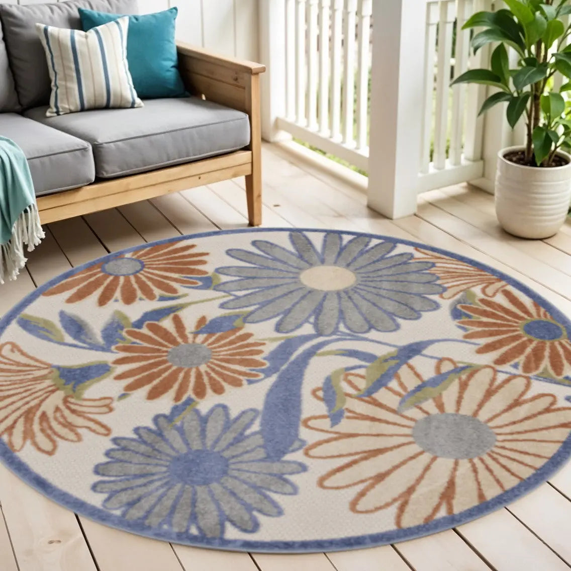 5' Beige Round Floral Indoor Outdoor Area Rug Homeroots Outdoor