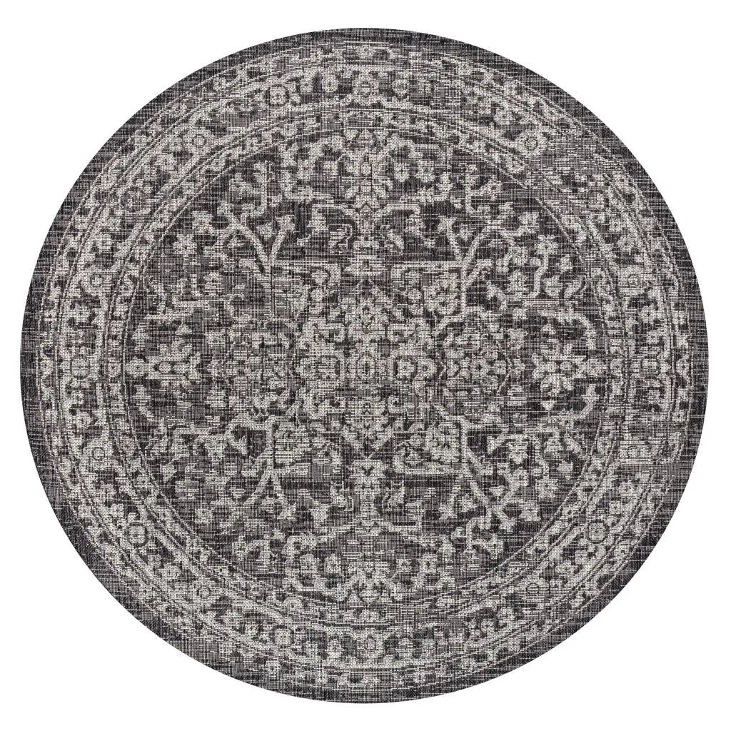 5' Black And Gray Round Medallion Indoor Outdoor Area Rug Homeroots Outdoor